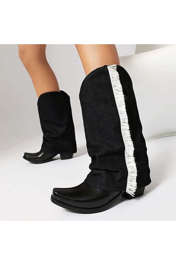 And Winter Coarse Heel Women's Boots Denim Color Blocked Tassel Pants Boots Mid Length Boots