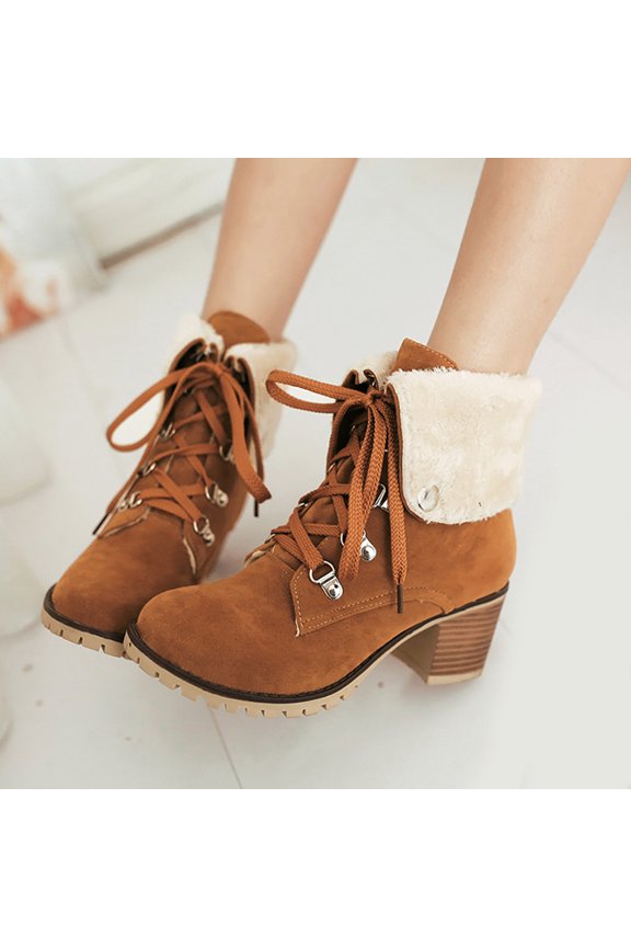 And Winter High Heels Warm Ruffled Straps Low Cut Boots Short Boots For Women