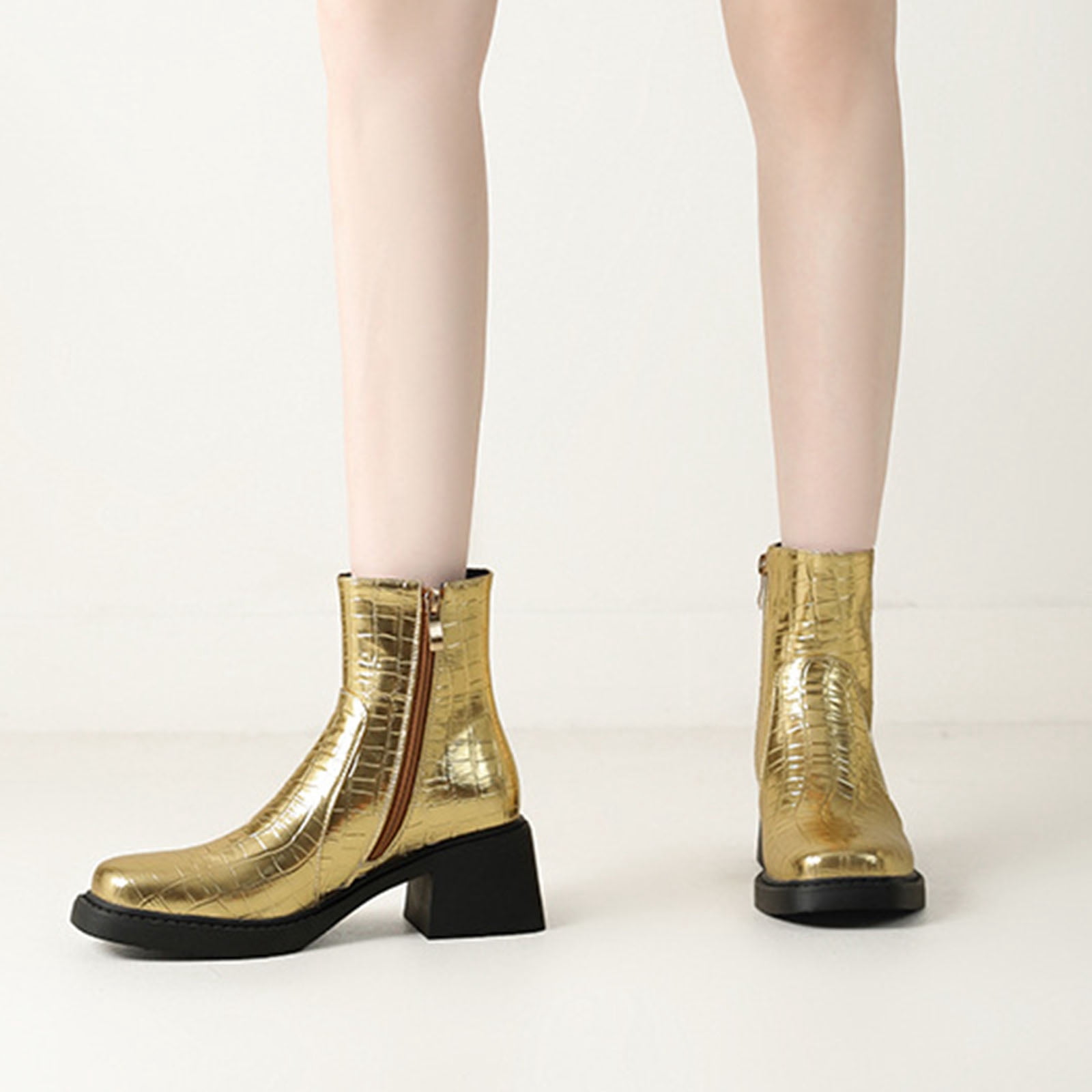 And Winter Women's Boots Patterned Thick Heel Square Toe Short Boots ...