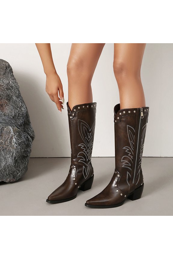 And Winter Women's Boots With Thick Heels And High Boots Studded Embroidered Western Boots
