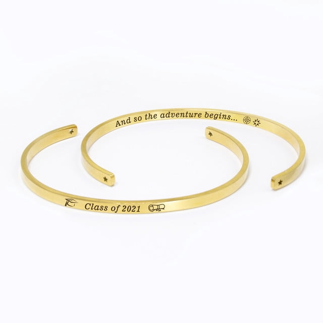 "And so the adventure begins…" Gold Stainless Steel Graduation Theme Hidden Message Gift for Her Cuff Bracelet with Gift Set
