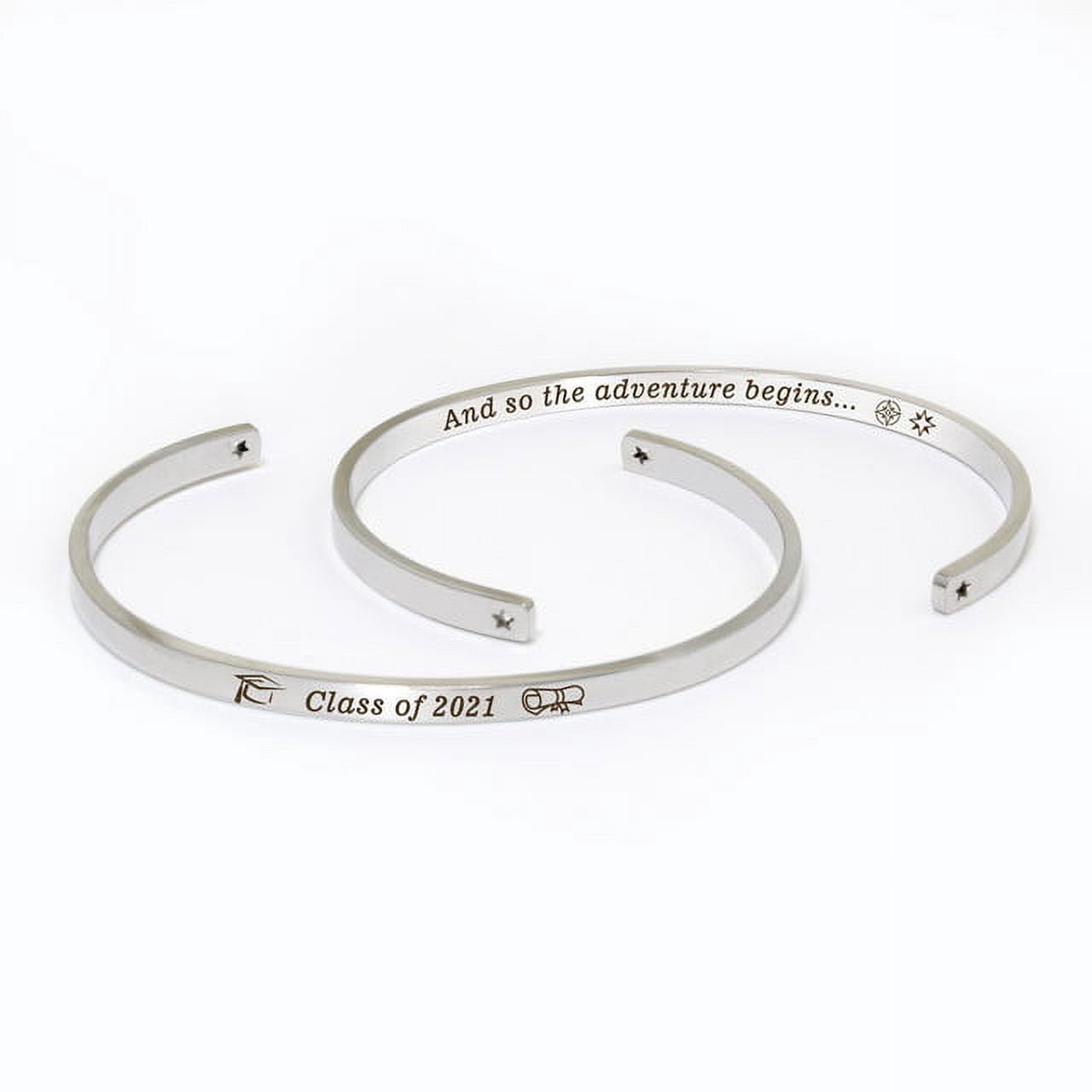 "And so the adventure begins…" Silver Stainless Steel Graduation Theme Hidden Message Gift for Her Cuff Bracelet with Gift Set