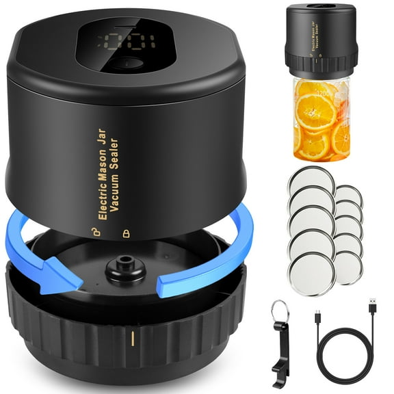 Electric Mason Jar Vacuum Sealer Kit,Auto Stop Mason Jar Vacuum Sealer 10 Seconds Seal for Wide Mouth and Regular Mouth Mason Jars,Mason Cordless Vacuum Sealer for Freshness and Preservation,Black