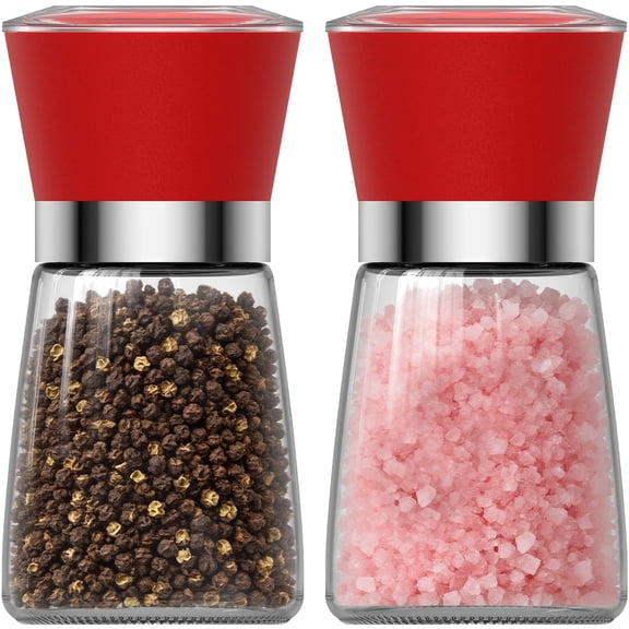 Salt and Pepper Grinder Set,Pepper Mill & Salt Mill with Adjustable Coarseness,Refillable Pepper Mill Set Short Glass Shakers with Adjustable Coarseness for Peppercorn,Sea Salt or Spice Mills,Red