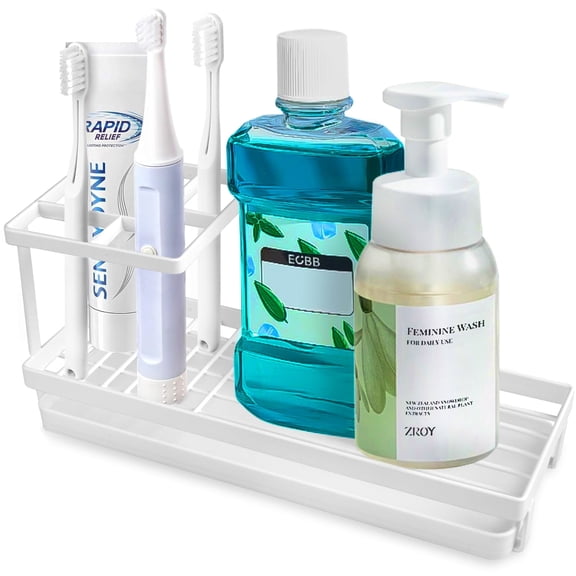 AndHot Toothbrush Holders, Metal Tooth Brush Holder for Bathroom with Drainage, Countertop Electric Toothbrush and Toothpaste Organizer, Bathroom Accessories, Kitchen Countertop Sink Caddy,white
