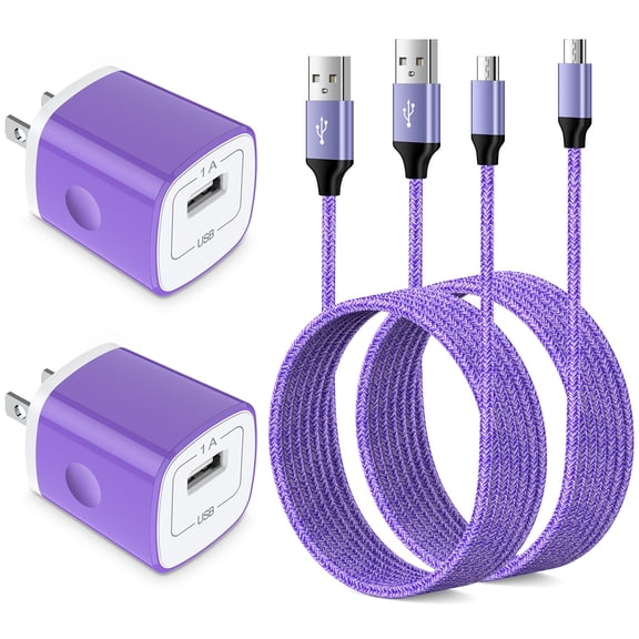 Micro USB Charger Block Fast Charging, 2 Pack Wall Charger with USB A to Micro Charging Cable 6FT, USB Charger Plug Android Phone Charger High Speed Micro Cable Compatible for Samsung, Android,Purple