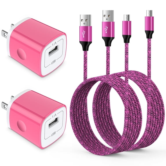 Micro USB Charger Block Fast Charging, 2 Pack Wall Charger with USB A to Micro Charging Cable 6FT, USB Charger Plug Android Phone Charger High Speed Micro Cable Compatible for Samsung, Android, Pink