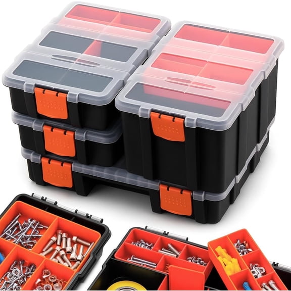 Andalus Tools Organizer Box, Small Parts Storage Multi-Compartment Portable Hardware Removable Plastic Dividers for Screws, Nuts, Bolts, Nails Orange (4 Set, 12.2" x 9.1" 7")