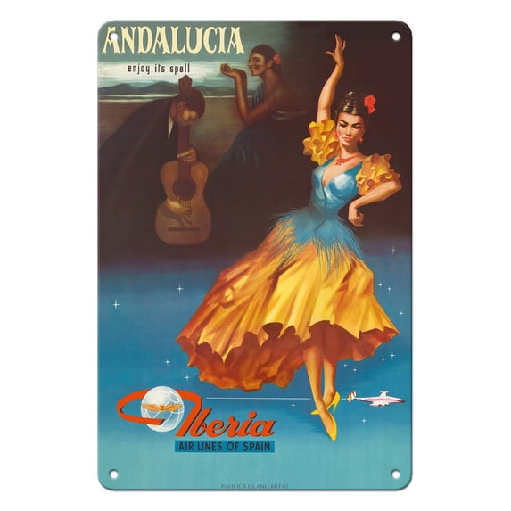 Andalusia (Andalucia) - Enjoy Under It’s Spell - Iberia Air Lines of Spain - Vintage Airline Travel Poster c.1959 - 8 x 12 inch Vintage Metal Tin Sign