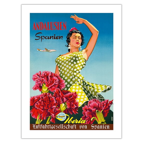 Andalusia Spain (Andalusien Spanien) - Iberia Air Lines of Spain - Flamenco Dancer (German poster) - Vintage Travel Poster by Goros c.1958 - Fine Art Matte Paper Print (Unframed) 24x32in