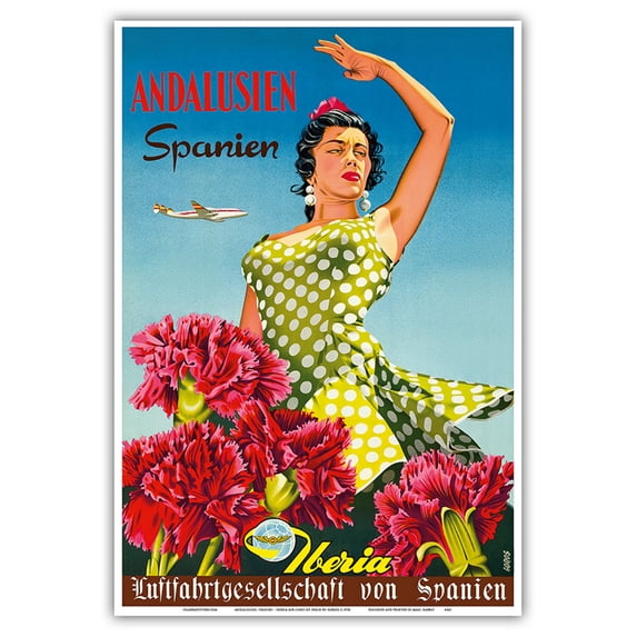 Andalusia Spain (Andalusien Spanien) - Iberia Air Lines of Spain - Flamenco Dancer (German poster) - Vintage Travel Poster by Goros c.1958 - Master Art Print (Unframed) 13in x 19in