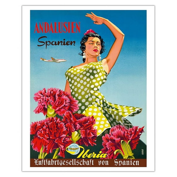 Andalusia Spain (Andalusien Spanien) - Iberia Air Lines of Spain - Flamenco Dancer (German poster) - Vintage Travel Poster by Goros c.1958 - Fine Art Matte Paper Print (Unframed) 16x20in