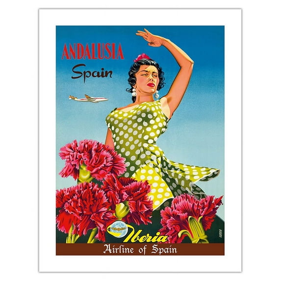 Andalusia Spain - Iberia Air Lines of Spain - Flamenco Dancer - Vintage Airline Travel Poster by Goros c.1958 - Bamboo Fine Art 290gsm Paper (Unframed) 17x22in