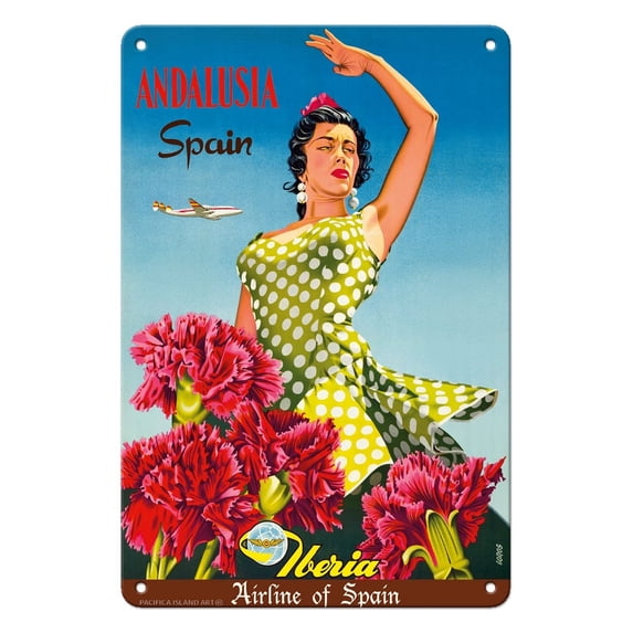 Andalusia Spain - Iberia Air Lines of Spain - Flamenco Dancer - Vintage Airline Travel Poster by Goros c.1958 - 8 x 12 inch Vintage Metal Tin Sign