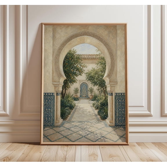 Andalusian Arch Wall Art Moorish Courtyard Spanish Mediterranean Decor Orange Tree Garden Artwork, Unframed Paper Print
