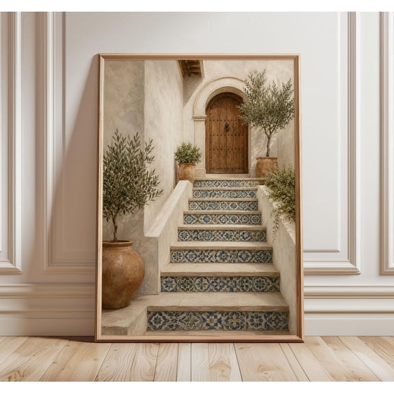 Andalusian Stairway Spanish Tile Print, Unframed Paper Poster 8x10in