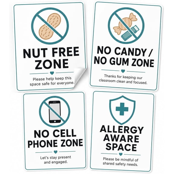 Andaz Press Classroom Signs for Teachers, Allergy Aware & Nut Free Zone Safety Labels, No Cell Phone & No Candy No Gum Rules Waterproof Vinyl Stickers for School Door, 4x5 Inch Decals, 4 Pack