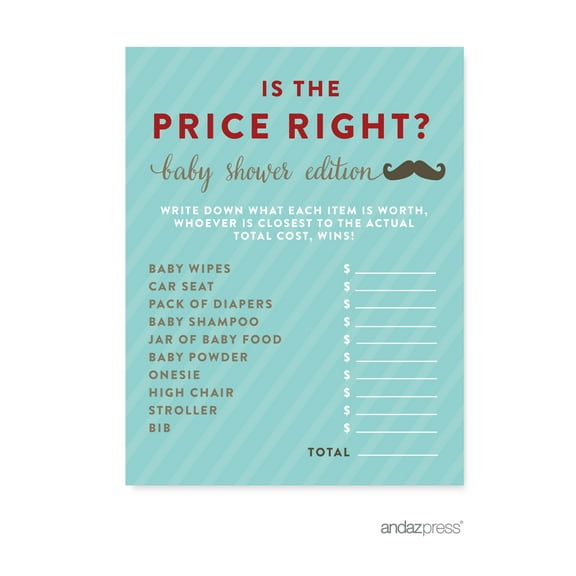 Is The Price Right? Lil Man Mustache Boy Baby Shower Games, 20-Pack