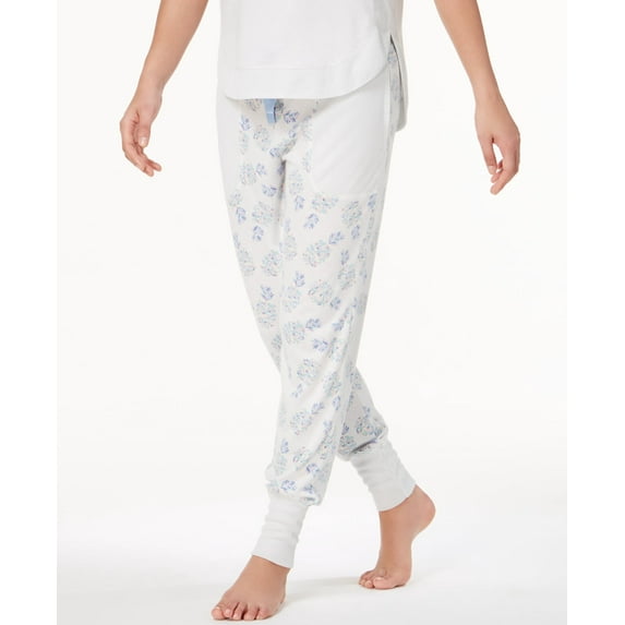 Ande Womens Whisperluxe Ribbed Trim Jogger Pajama Pants,White,Medium