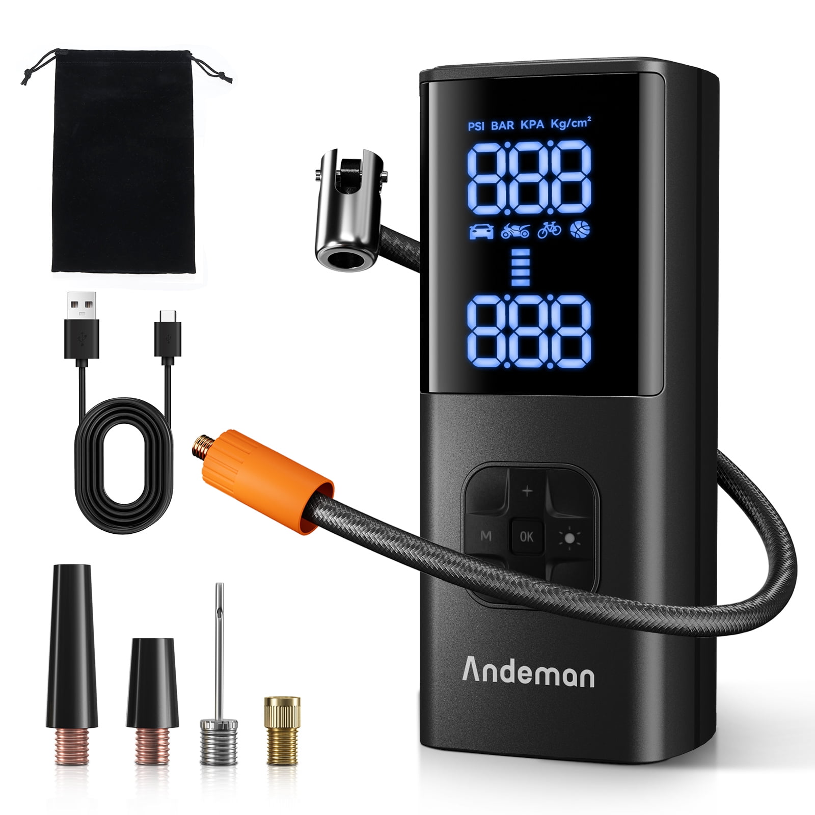 Audew (Andeman) Tire Inflator, 8000mAh 150 PSI Portable Air Compressor - 4X Quick Inflation, Auto Shut-Off, Large Display, LED Lighting, Versatile with Nozzle Adapters, Black
