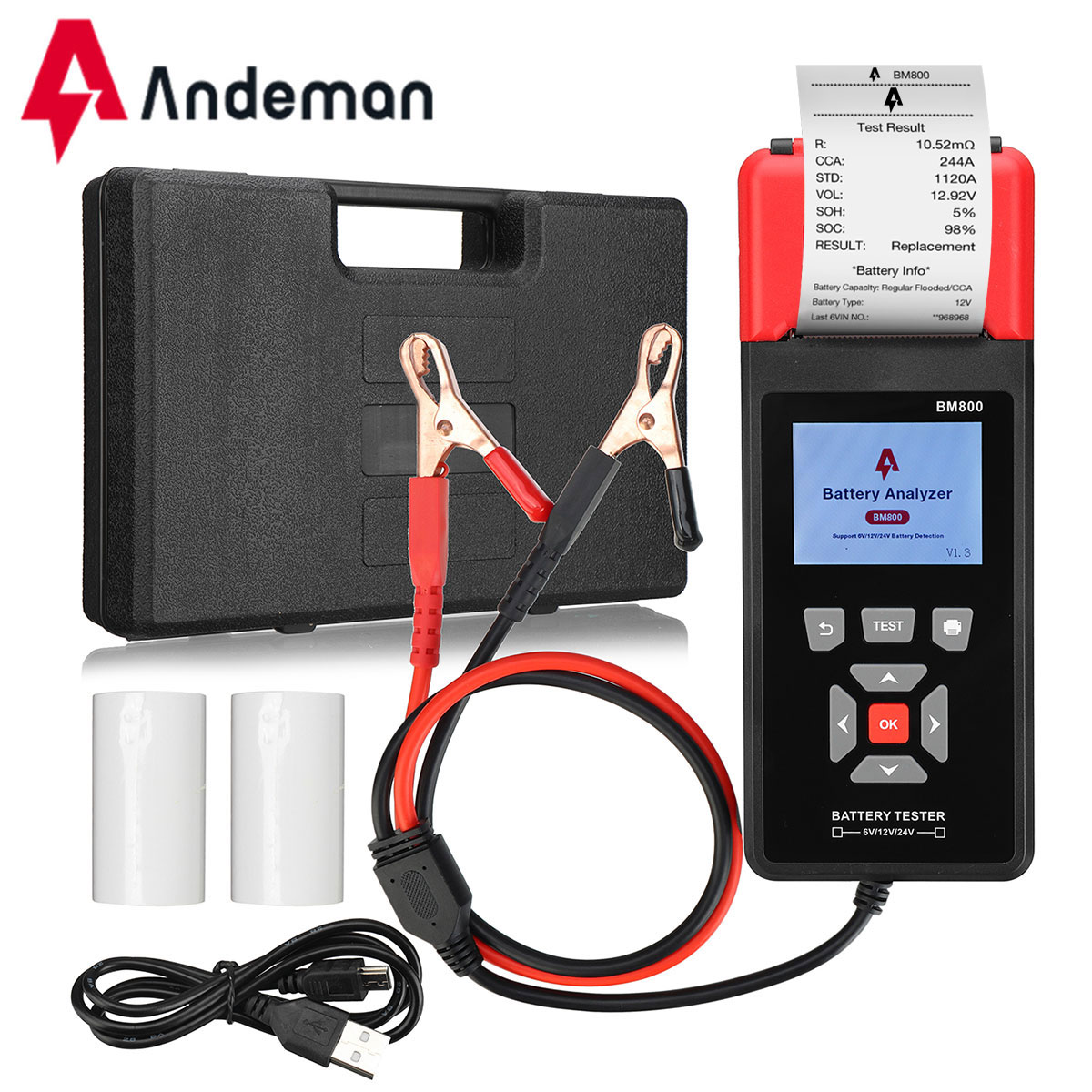Andeman BM800 Car Battery Tester with Builtin Printer, 6/12/24V Auto