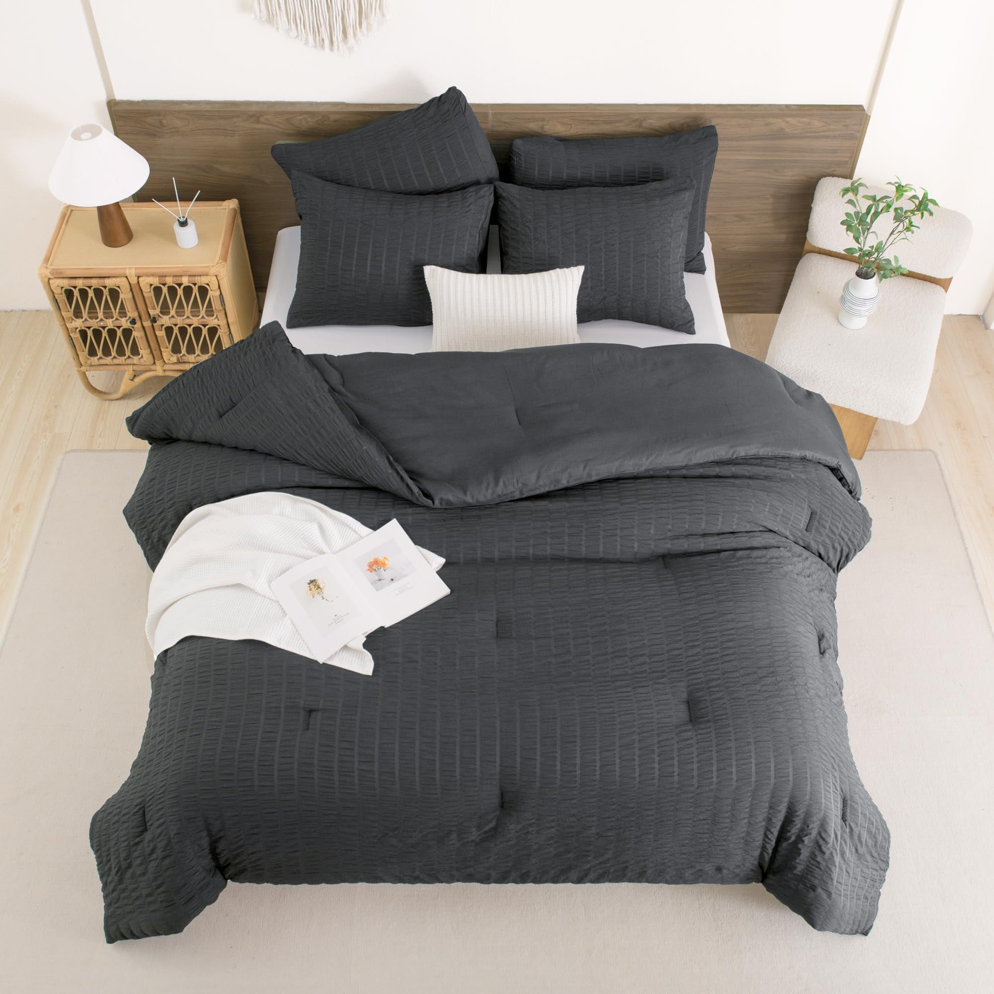 Andency King Size Comforter Set, Gray Soft Seersucker Textured Bedding