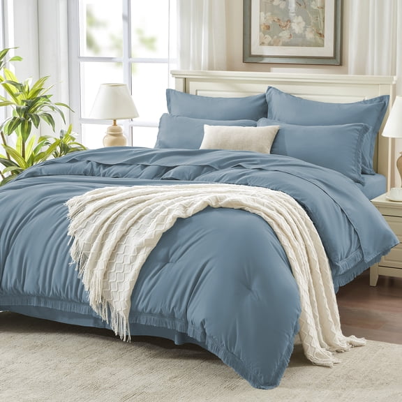 Andency 7 Pieces Full Size Comforter Set with Sheets - Grayish Blue Bed in a Bag Boho Comforter Sets, All Season Soft Lightweight Tassel Fringe Bed Set with Comforter, Sheets, Pillowcases & Shams