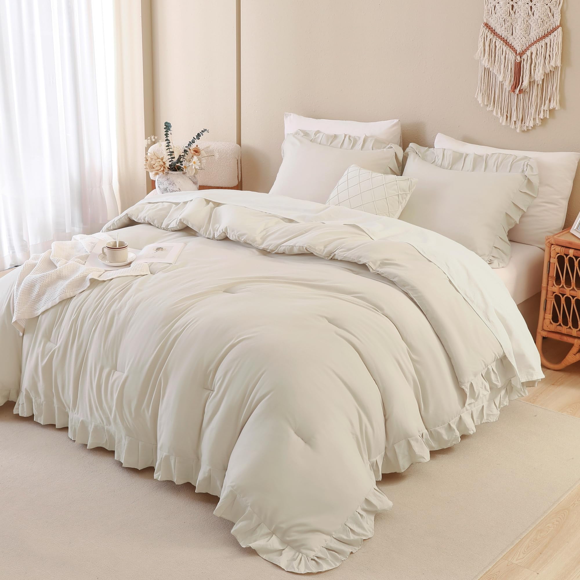 ANGENIA Beige Comforter Set Full Size, 3 Pieces Cream Ruffle Comforter Full, All Season Farmhouse Soft Lightweight Fluffy Microfiber Bed Set (79"x90" Comforter & 2 Pillowcases)
