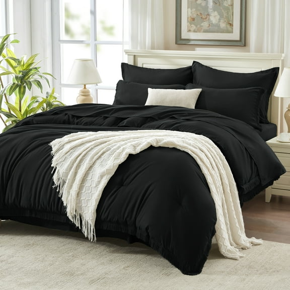 Andency Black Comforter Sets Full Size -7 Pieces Bed in a Bag Boho Bedding Sets for Full Bed, Soft Fluffy All Season Tassel Fringe Bed Set with Comforter, Sheets, Pillowcases & Shams