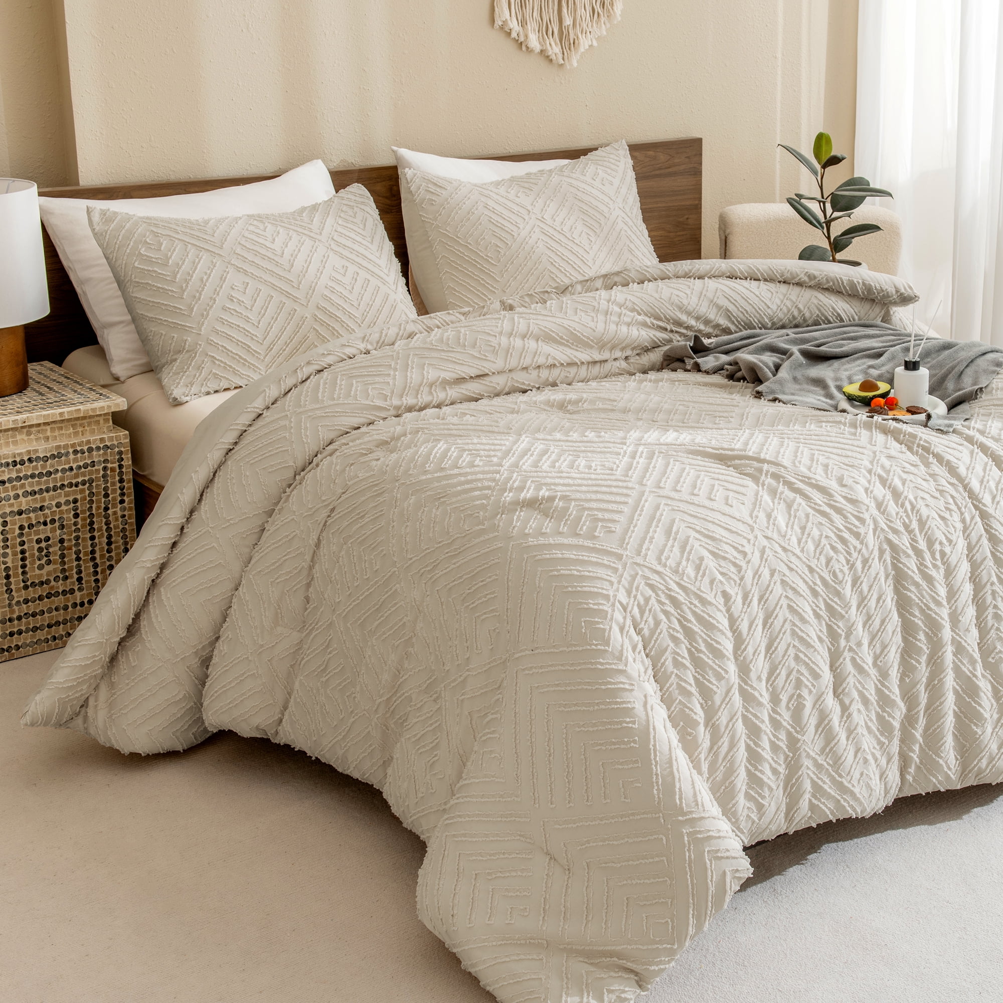 ANGENIA California King Comforter Set Boho, 3 Pieces Oatmeal Oversized King Bedding Comforter Set with Texture, Soft Lightweight Tufted Down Alternative Bed Set for Women Men - Walmart.com