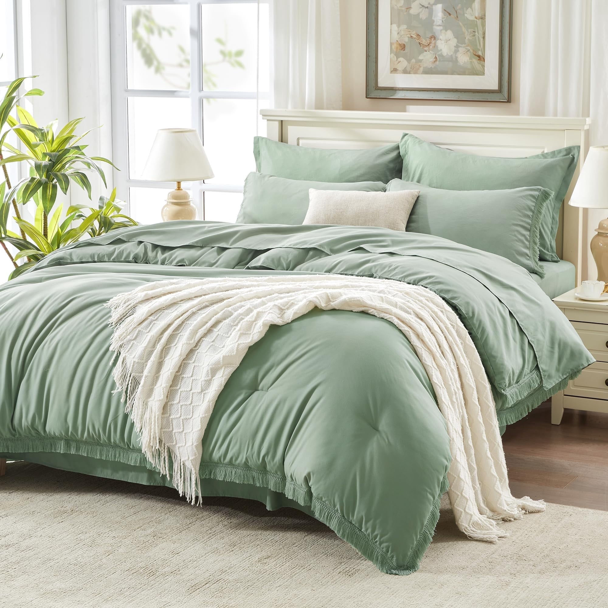 Andency California King Comforter Set, 7 Pieces, Sage Green Boho ...