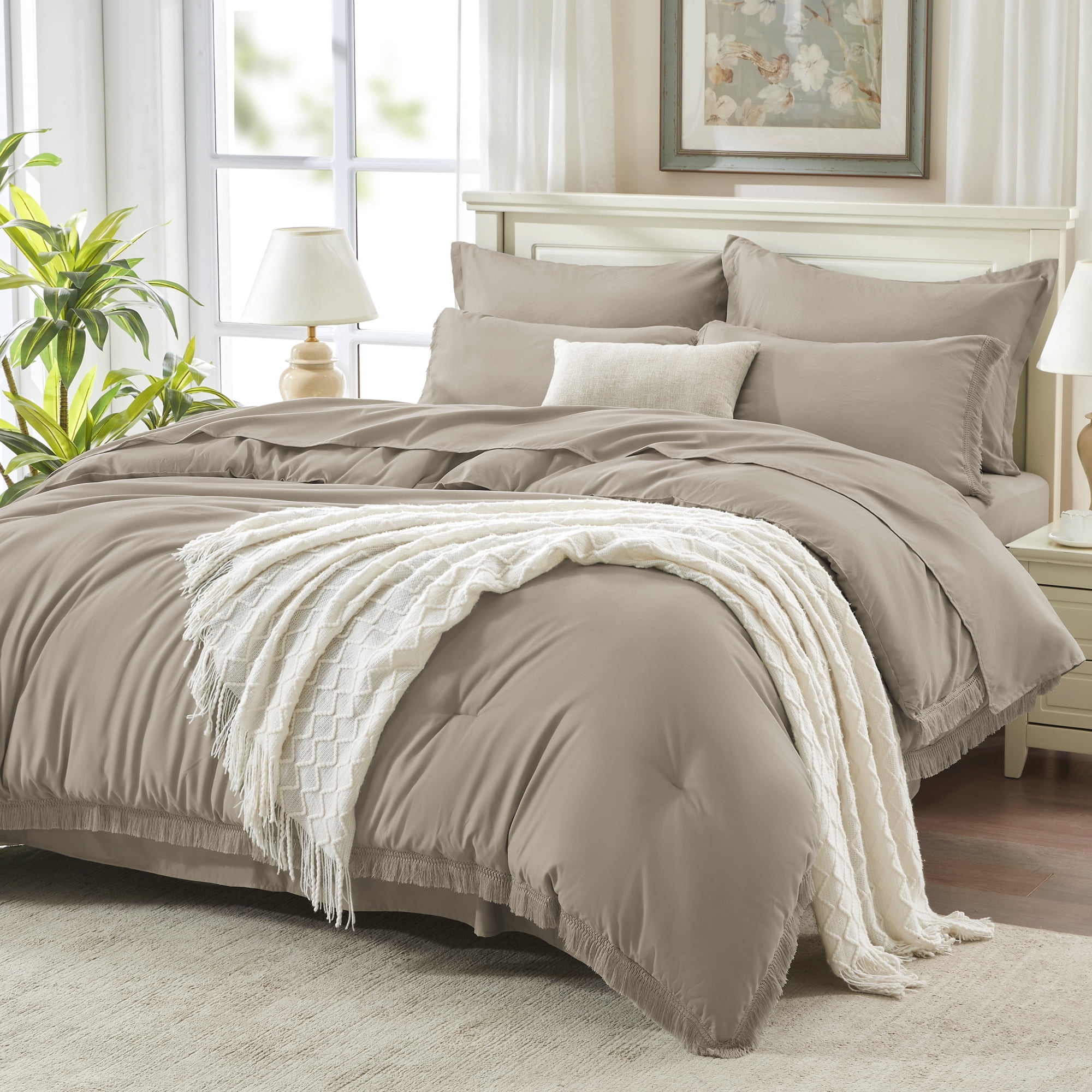 Andency Comforter Sets Queen Bed in a Bag - 7 Pieces Wheat Boho Bedding Comforter Sets, Soft Lightweight Tassel Bed Set with Comforter, Sheets, Pillowcases & Shams