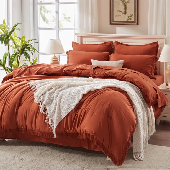Andency Full Size Comforter Sets Burnt Orange - 7 Pieces Bed in a Bag Soft Cozy Bedding Comforter Sets, Terracotta Rust Fringe All Season Bed Set with Comforter, Sheets, Pillowcases & Shams