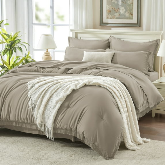 Andency Full Size Comforter Set with Sheets -7 Pieces Wheat Bed in a Bag Boho Bedding Comforter Sets, All Season Soft Lightweight Tassel Fringe Bed Set with Comforter, Sheets, Pillowcases & Shams