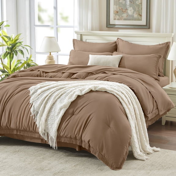 Andency Full Size Comforter Sets Taupe - 7 Pieces Bed in a Bag Soft Lightweight Bedding Comforter Sets, Boho Tassel Fringe All Season Bed Set with Comforter, Sheets, Pillowcases & Shams