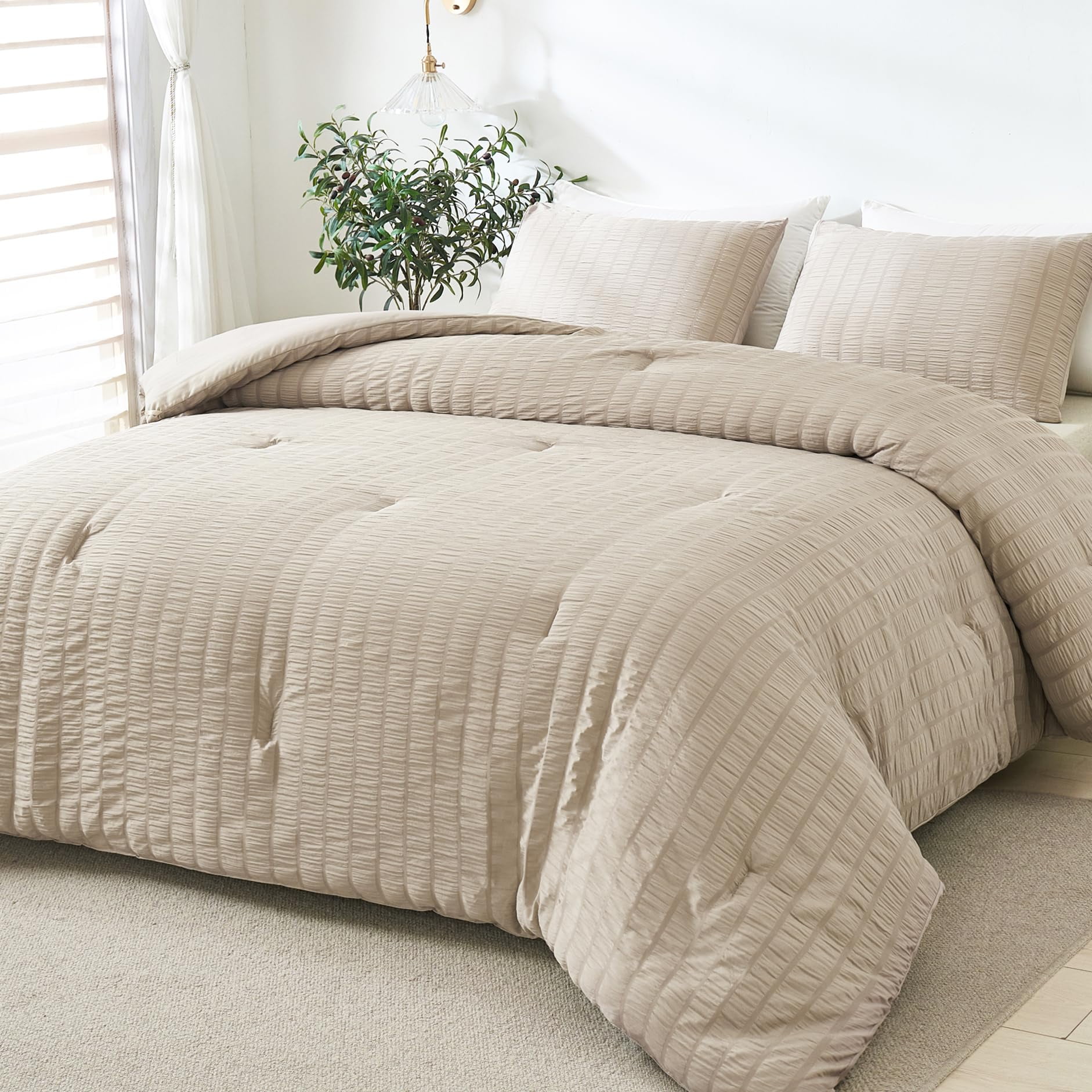 Andency Khaki King Size Comforter Set, 3 Pieces Seersucker Textured