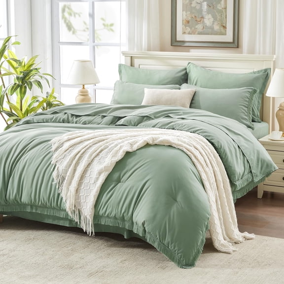 Andency King Size Comforter Set Sage Green - 7 Pieces Bed in a Bag Boho Tassel Soft Lightweight Bedding Comforter Sets, All Season Bed Set with Comforter, Sheets, Pillowcases & Shams