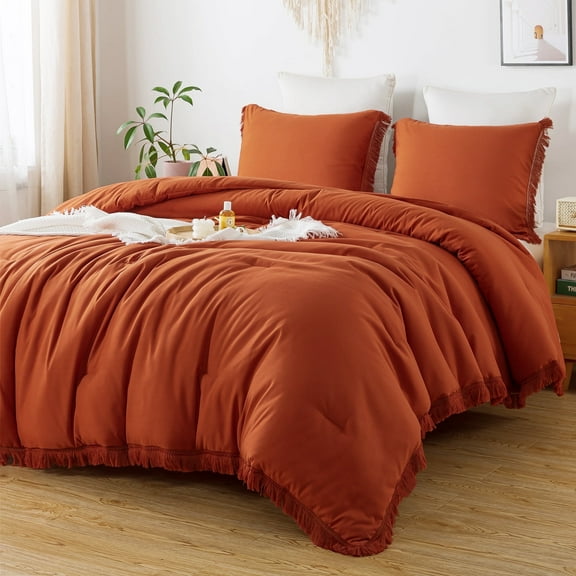 Andency King Size Comforter Sets Burnt Orange, 3 Pieces Soft Fluffy Boho Bedding Comforter Sets for King Bed, All Season Terracotta Rust Fall Lightweight Tassel Down Alternative Bed Set