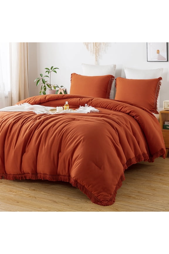 King Size Comforter Sets Burnt Orange, 3 Pieces Soft Fluffy Boho Bedding Comforter Sets for King Bed, All Season Terracotta Rust Fall Lightweight Tassel Down Alternative Bed Set