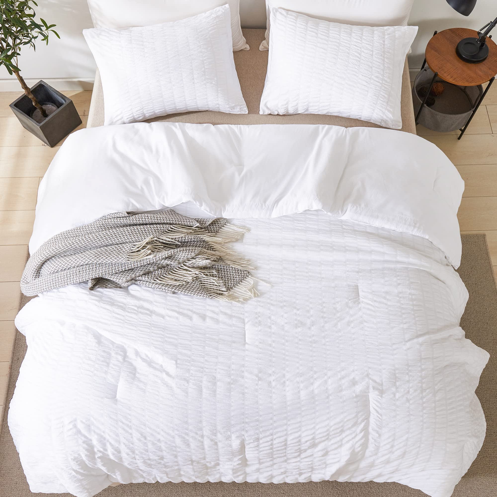 Andency King Size Comforter Set White, 3 Pieces Seersucker Textured
