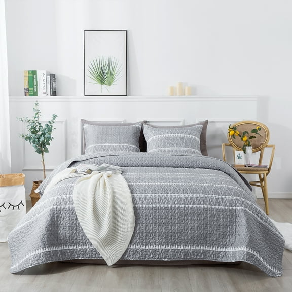 Andency King Quilt Sets Grey - 3 Pieces Lightweight Bedspread for King Size Bed - Soft Quilt Bedding Set - All Seasons Boho Printed Reversible Microfiber Coverlet Sets with 2 Pillow Shams