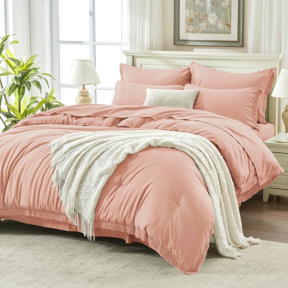 Andency Pink Full Size Comforter Sets - 7 Pieces Boho Bed in a Bag Soft Lightweight Bedding Comforter Sets, Tassel Fringe Bed Set with Comforter, Sheets, Pillowcases & Shams