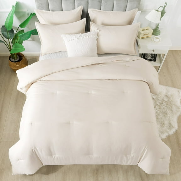 Andency Queen Comforter Set Beige, 3 Pieces Soft Fluffy Bedding Comforter Sets for Queen Bed, Solid Lightweight Microfiber Down Alternative Bed Set(1 Comforter & 2 Pillowcases)