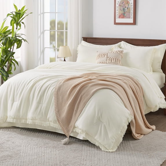 Andency Queen Comforter Set with Sheets Ivory - 7 Pieces Bed in a Bag Queen Bedding Comforter Sets, All Season Soft Lightweight Boho Tassel Fringe Bed Set with Comforter, Sheets, Pillowcases & Shams
