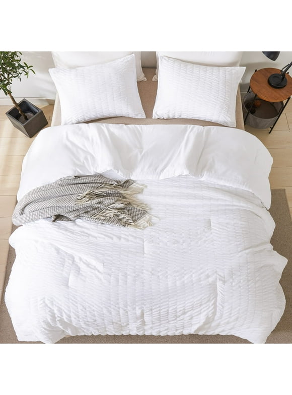 Andency Queen Size 3 Pieces Comforter Set, All Seasons White Seersucker Textured Bedding Comforter Sets, Lightweight Microfiber Down Alternative Bed Set(90"x 90" Comforter & 2 Pillowcases)