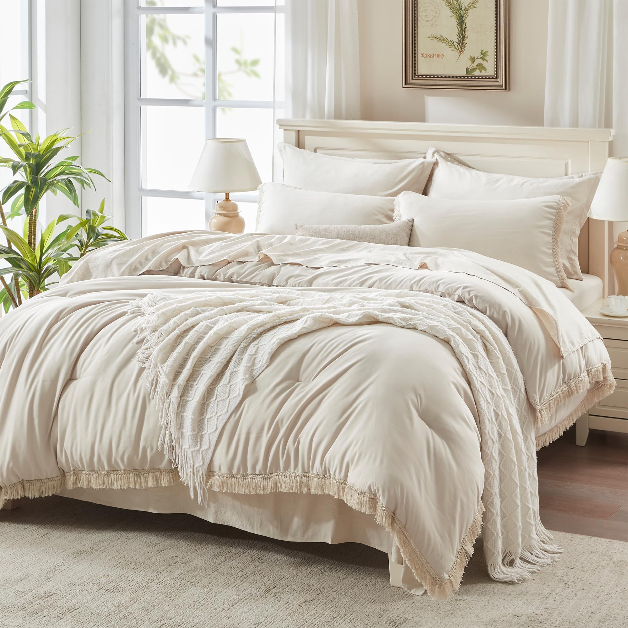 Andency Queen Comforter Set Beige - 7 Pieces Bed in a Bag Queen Cream Bedding Comforter Sets, All Season Soft Lightweight Boho Tassel Bed Set with Comforter, Sheets, Pillowcases & Shams