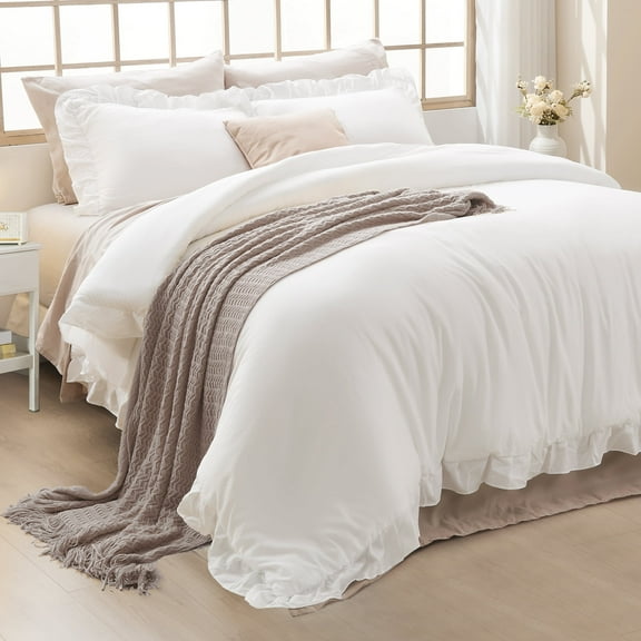 ANGENIA Queen Comforter Set White, 3 Pieces Soft Fluffy Farmhouse Ruffle Bedding Comforter Sets for Queen Bed, All Season Lightweight Down Alternative Bed Set(90"x90" Comforter & 2 Pillowcases)