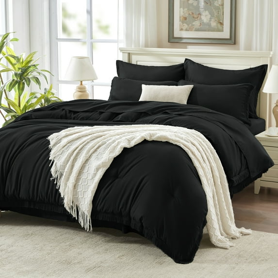 Andency Queen Size Comforter Sets Black - 7 Pieces Boho Tassel Bed in a Bag Bedding Comforter Sets, Soft Lightweight Fringe Bed Set with Comforter, Sheets, Pillowcases & Shams
