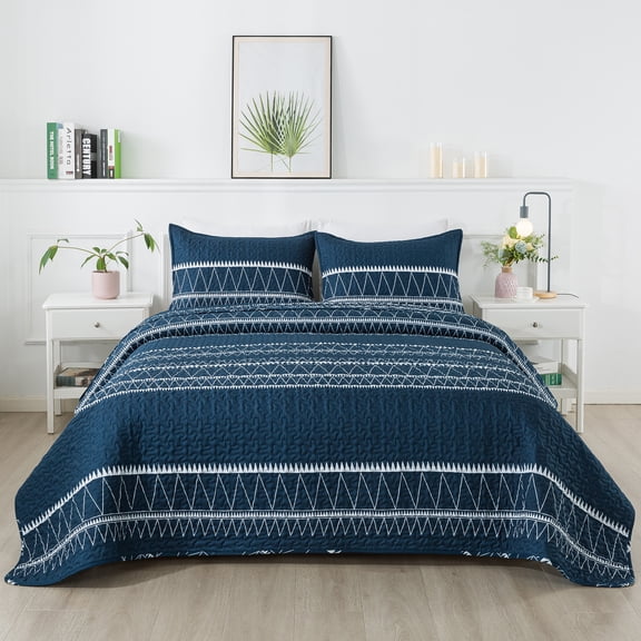 Andency Queen Quilt Bedding Sets Navy Blue, 3 Pieces Soft Lightweight Boho Printed Bedspread for Queen Size Bed, All Season Reversible Microfiber Coverlet Sets with 2 Pillow Shams