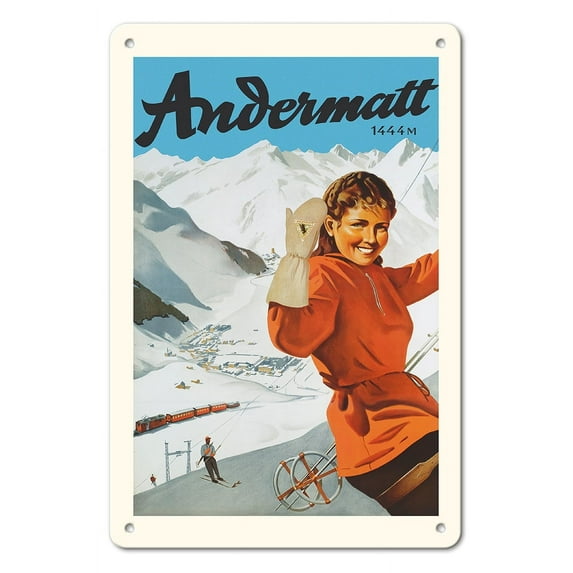 Andermatt Village Switzerland - Swiss Alps - Skiing - Vintage Travel Poster c.1940s - 8 x 12 inch Vintage Metal Tin Sign